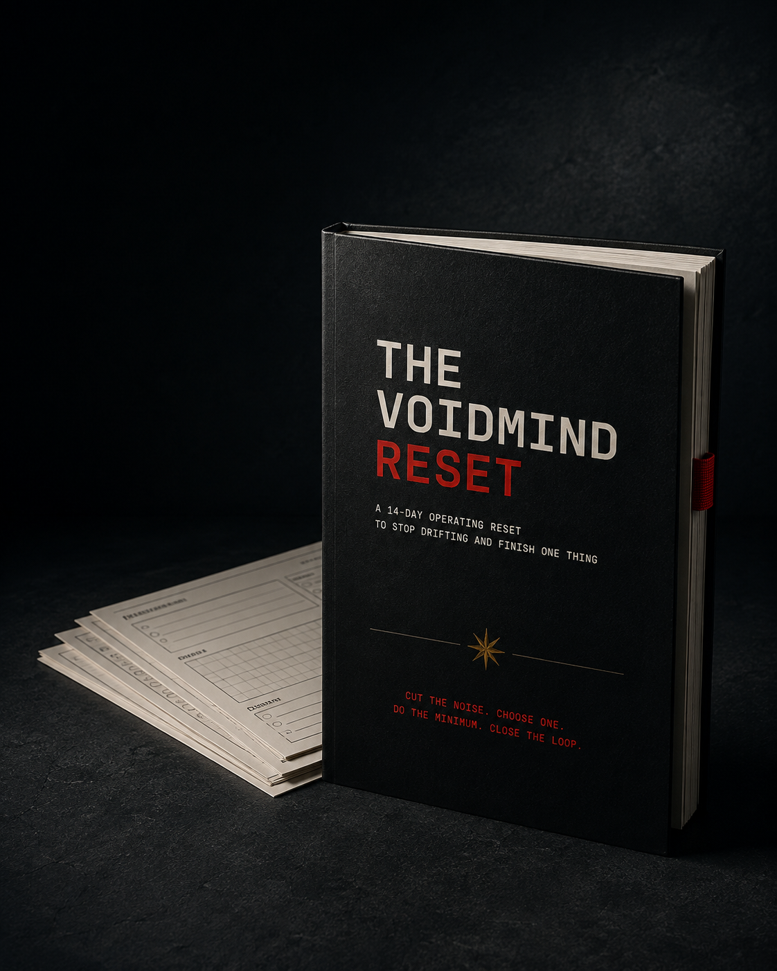 The VoidMind Reset guide cover — a matte black field manual with the title and a red coiled mark