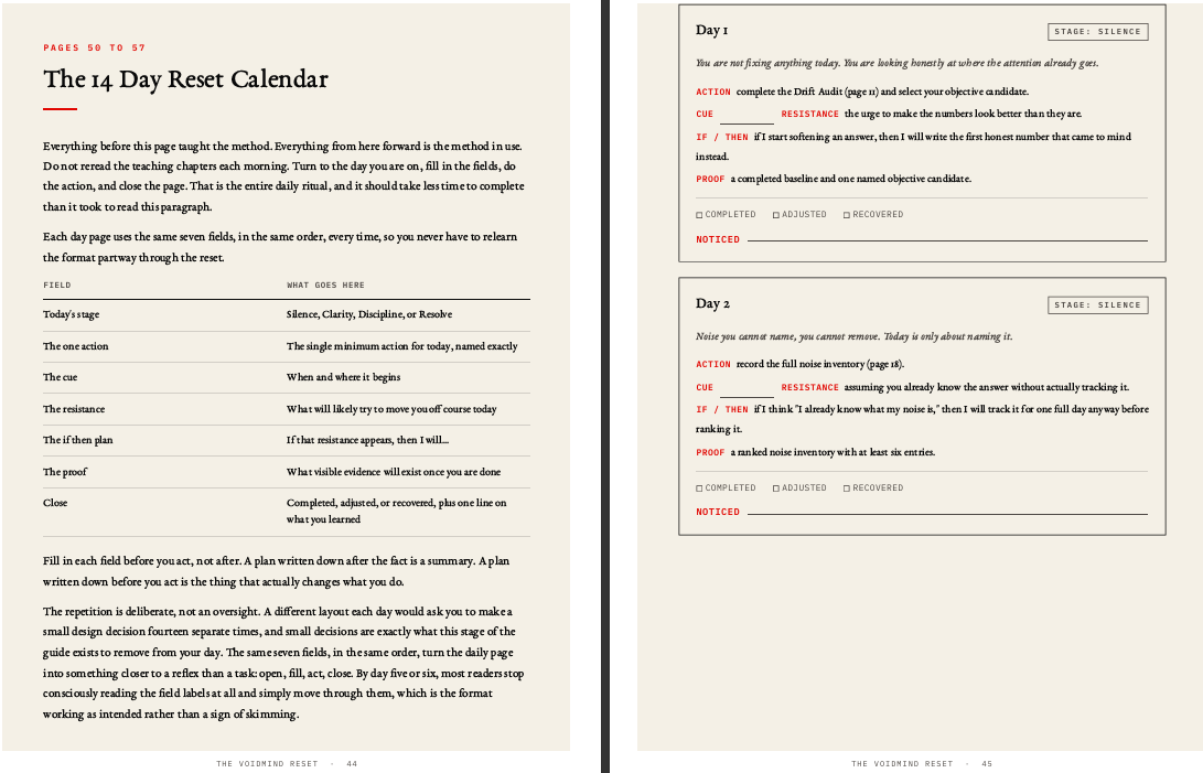 Interior preview of the VoidMind Reset workbook — pages 44–45 showing the daily page structure explanation and Day 1 / Day 2 fields